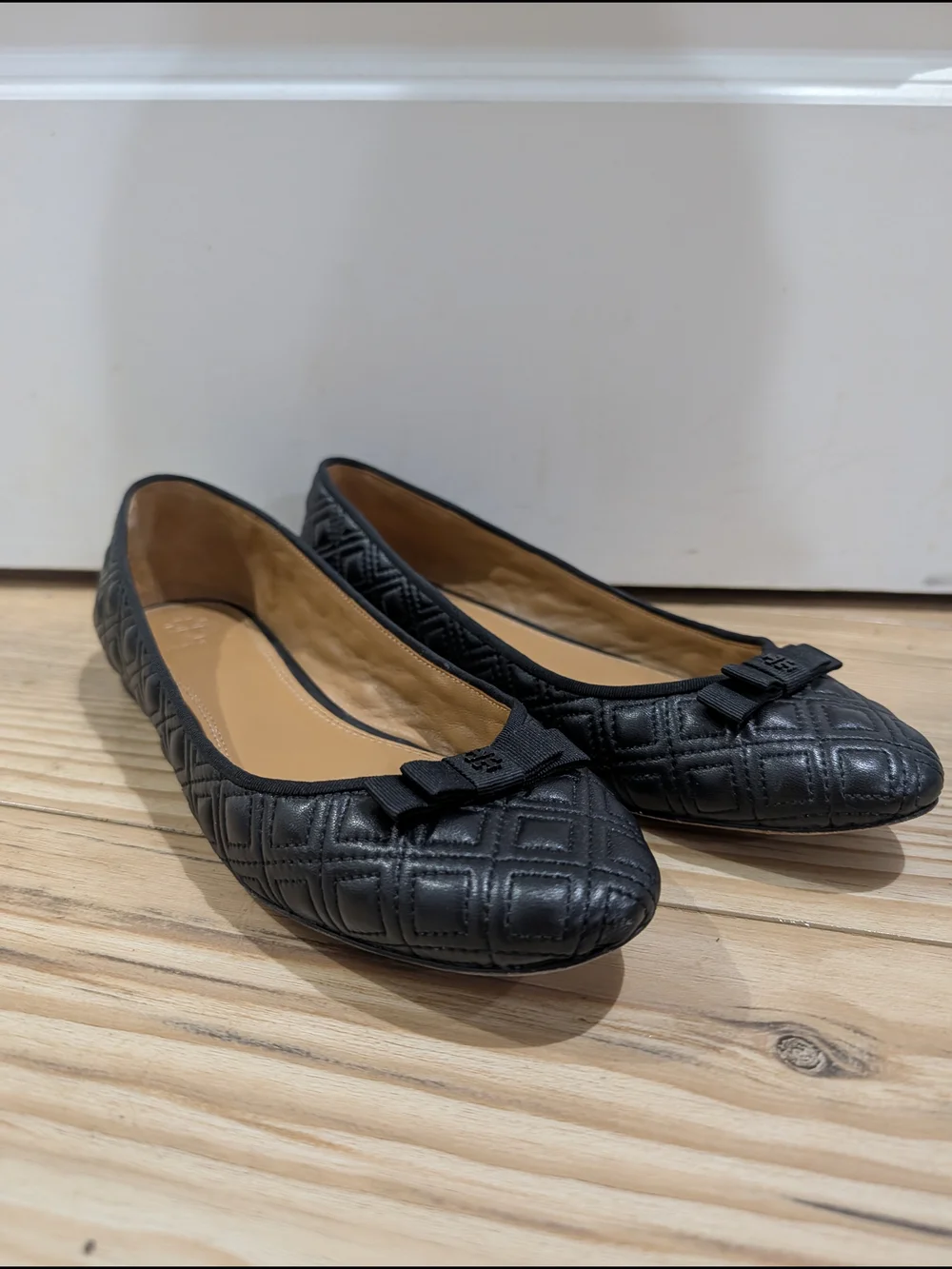 Tory Burch Reva Ballet Flats Black Quilted Leather Bow Shoes Women's Size 9
